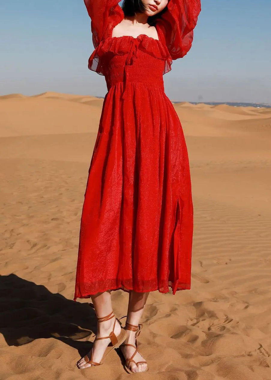 Collar Puff Red Side Beach New Dress Square Open Sleeve Cotton