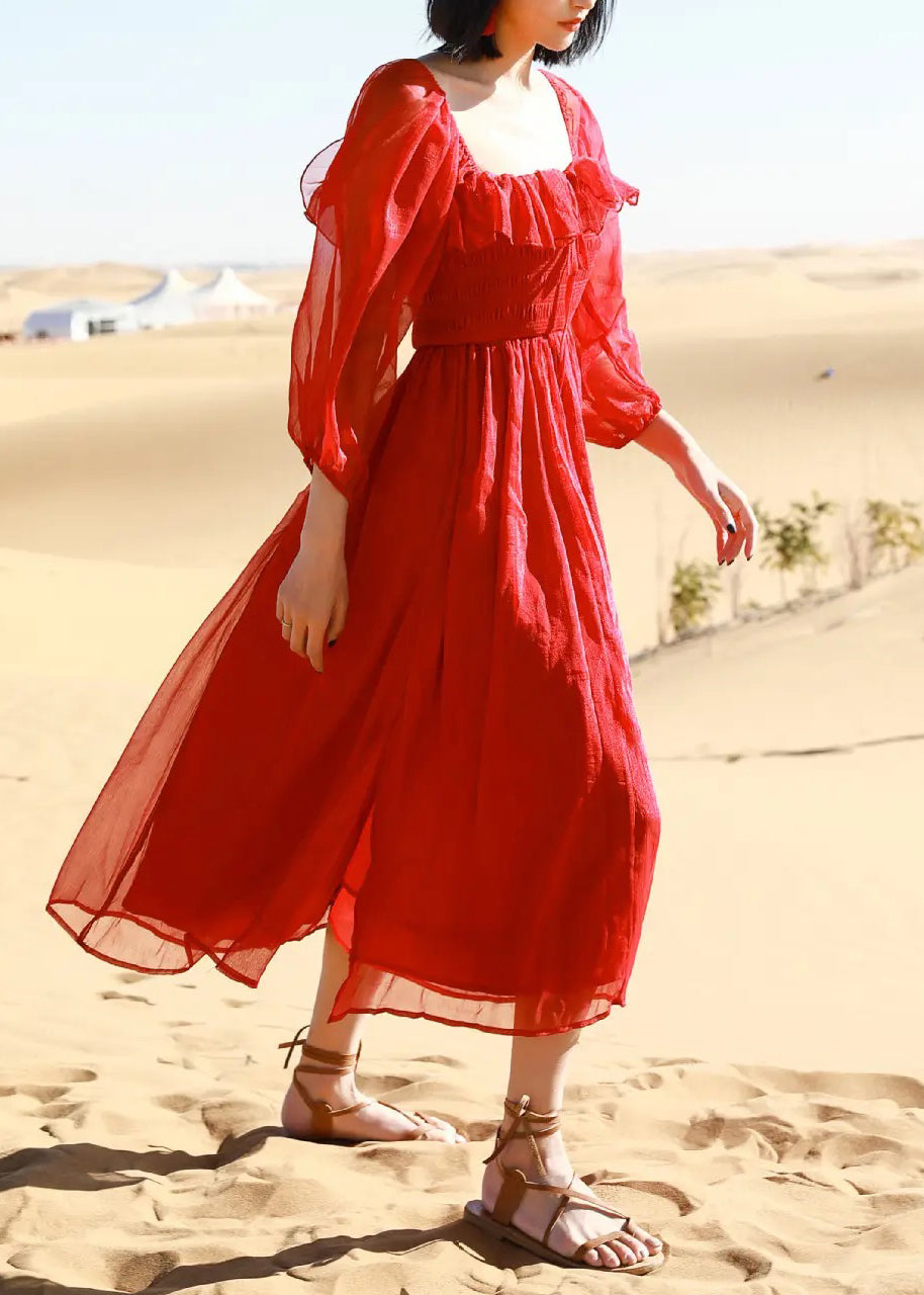 Collar Puff Red Side Beach New Dress Square Open Sleeve Cotton