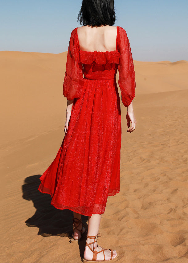 Collar Puff Red Side Beach New Dress Square Open Sleeve Cotton