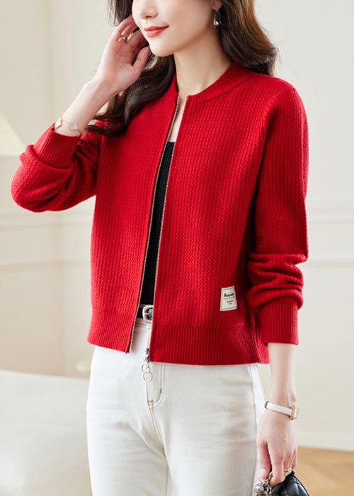 New Red Stand Collar Zip Up Solid Knit Coat Fall QS018