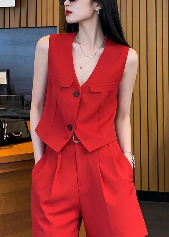 Neck And Two Spandex Pieces Waistcoat V Set Red New Button Shorts