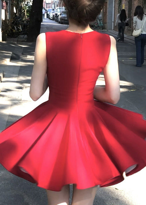 V New Sleeveless Zippered Cotton Mini Red Neck Dresses