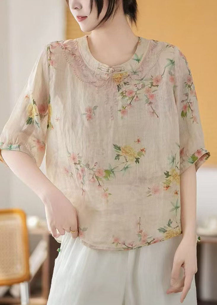 Summer Print Retro Apricot Chinese New Tops Style Linen