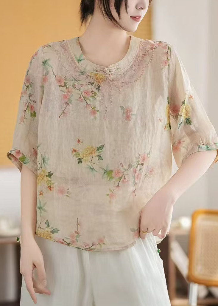 Summer Print Retro Apricot Chinese New Tops Style Linen