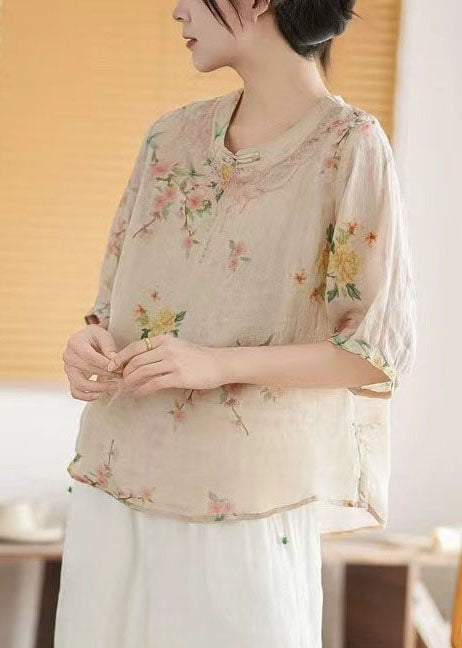 Summer Print Retro Apricot Chinese New Tops Style Linen