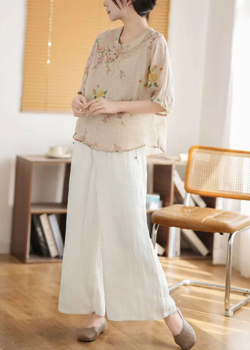 Summer Print Retro Apricot Chinese New Tops Style Linen