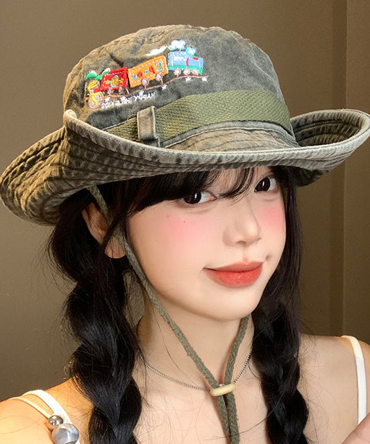 Retro Large New Army Eaves Cowboy Hat Green Embroidered