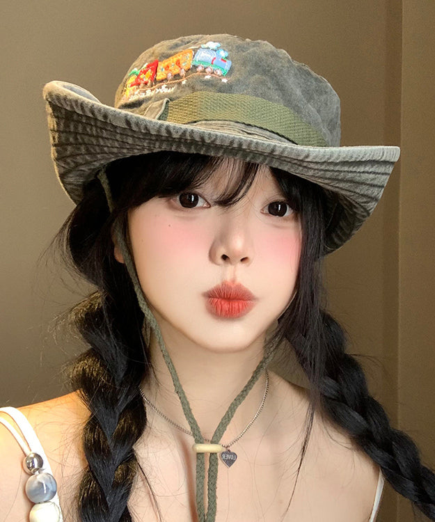 Retro Large New Army Eaves Cowboy Hat Green Embroidered