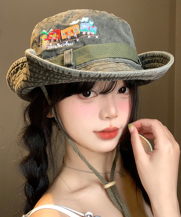 Retro Large New Army Eaves Cowboy Hat Green Embroidered