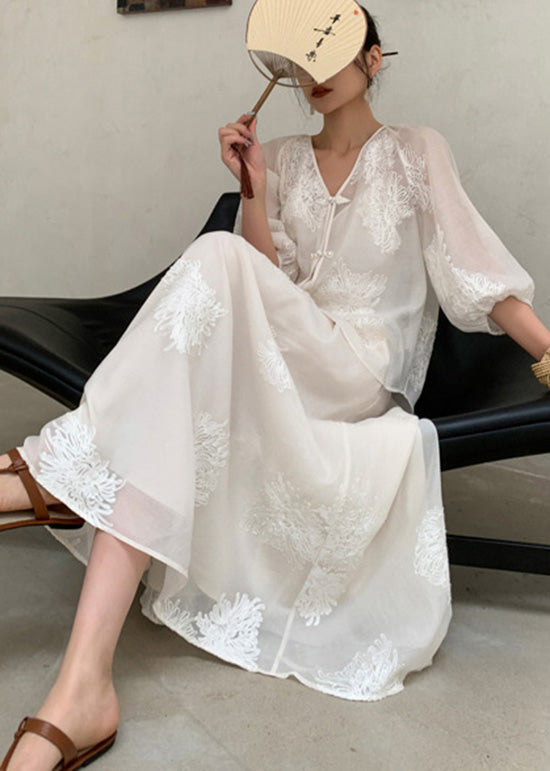 Retro Two Cotton Piece Outfits Set Beige Summer New Embroidered