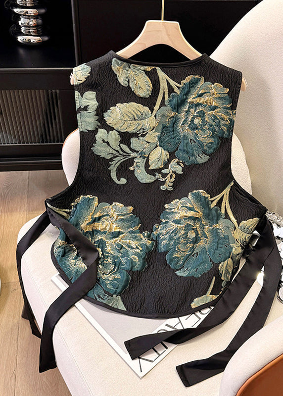 Black Tasseled Summer Jacquard Vests New Silk Retro