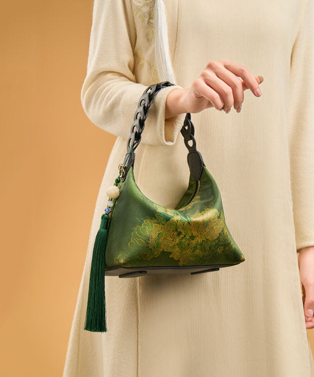 Tote Bag Blackish Green Tassel Silk Print New Retro