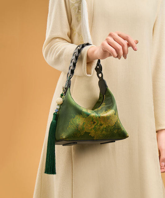 Tote Bag Blackish Green Tassel Silk Print New Retro