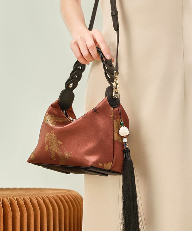 Tote Bag Blackish Green Tassel Silk Print New Retro