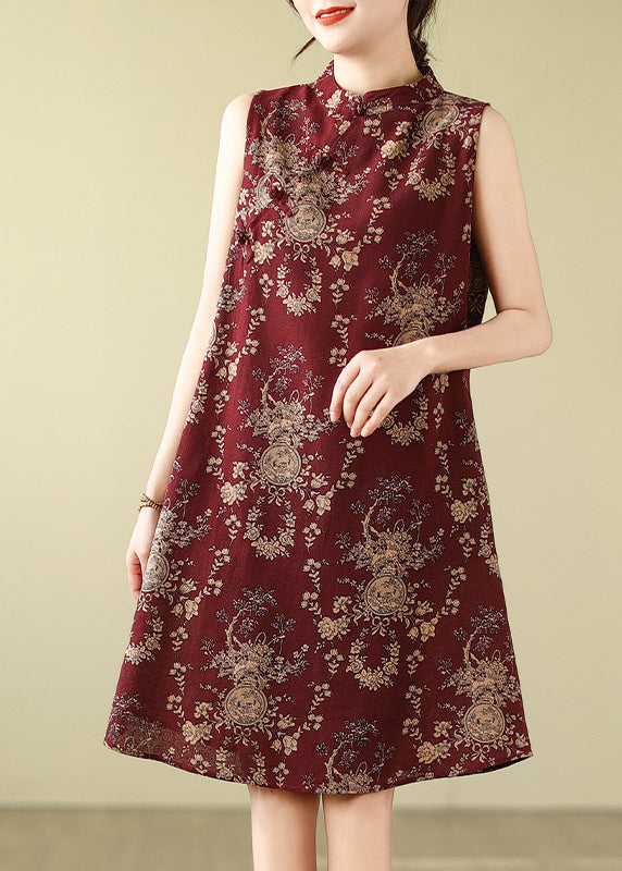 Print Line Retro A Mulberry Cotton Dress Mandarin New Collar