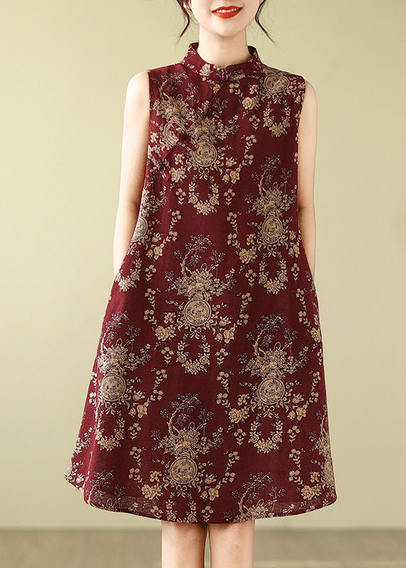 Print Line Retro A Mulberry Cotton Dress Mandarin New Collar