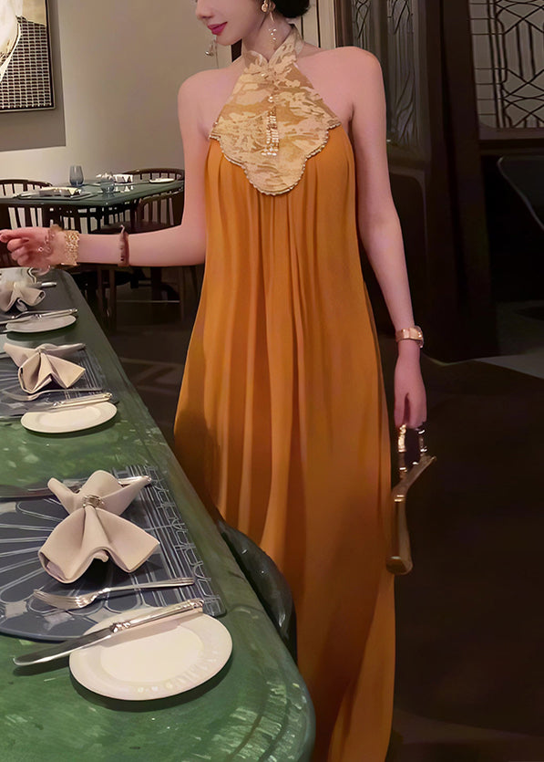 Retro Dresses Orange Halter Patchwork New Summer Chiffon
