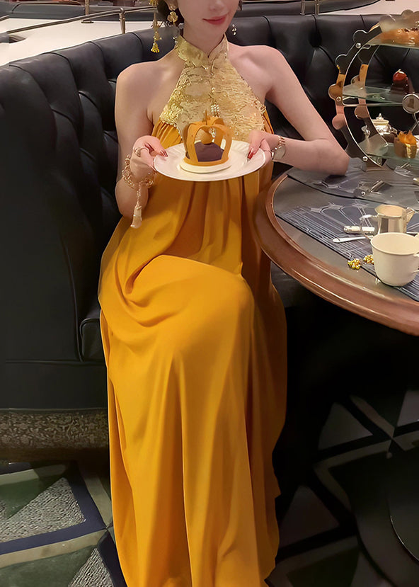 Retro Dresses Orange Halter Patchwork New Summer Chiffon