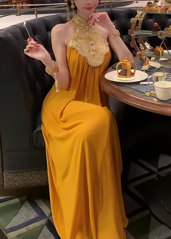 Retro Dresses Orange Halter Patchwork New Summer Chiffon