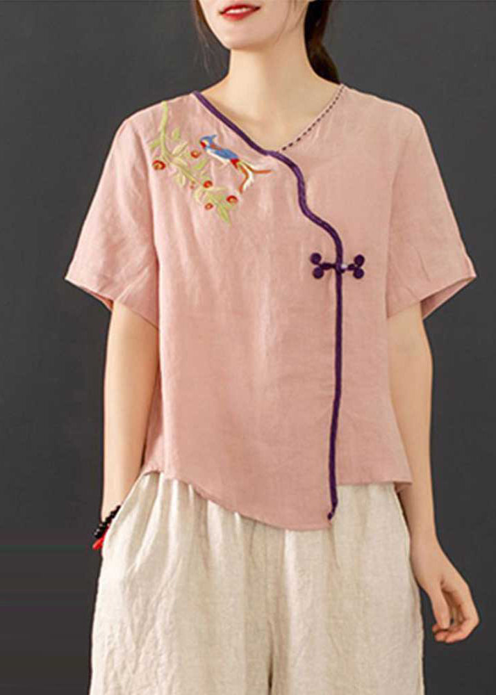 Chinese Summer Pink New Retro Outfit Button 2 Piece Embroidered