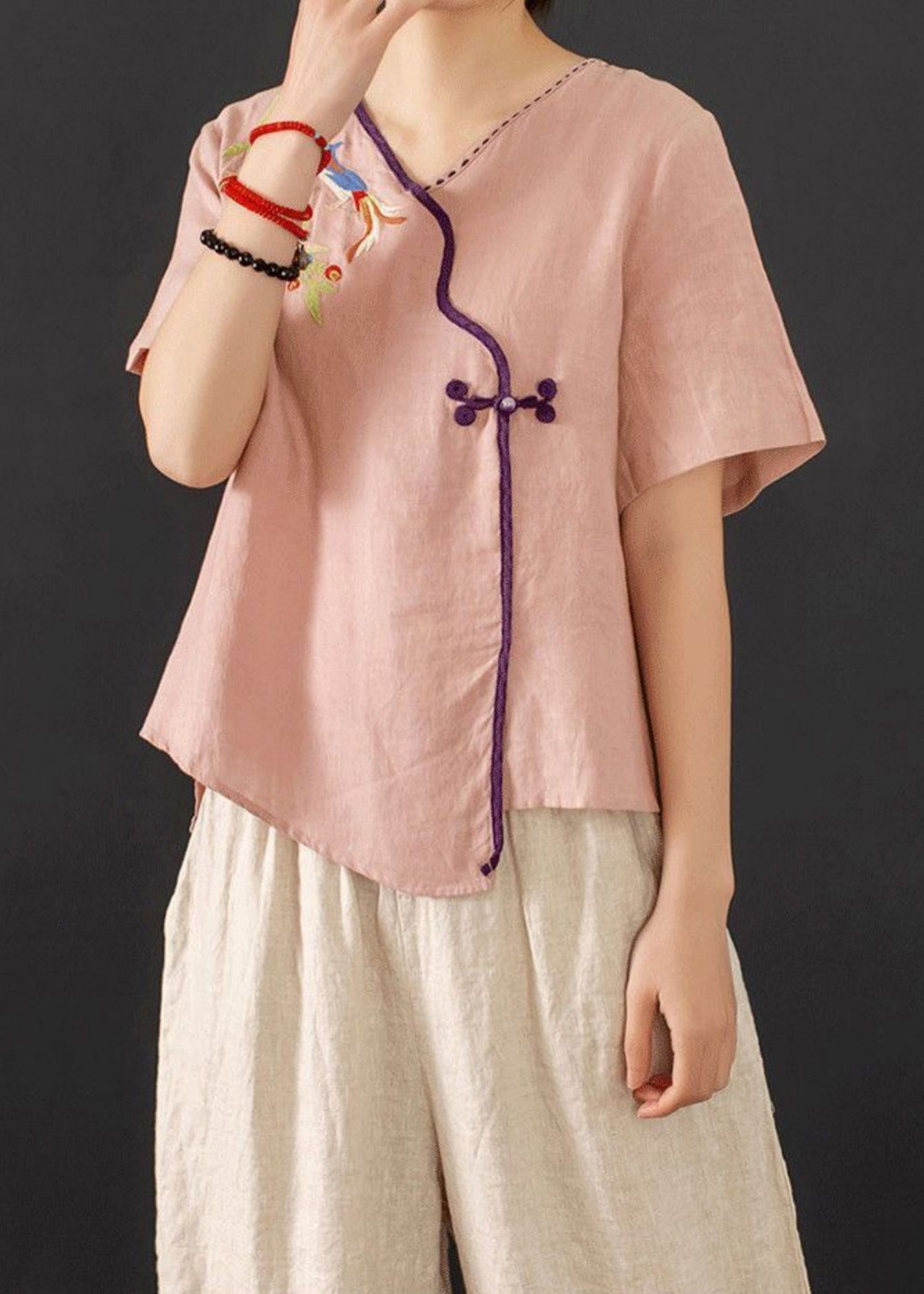 Chinese Summer Pink New Retro Outfit Button 2 Piece Embroidered