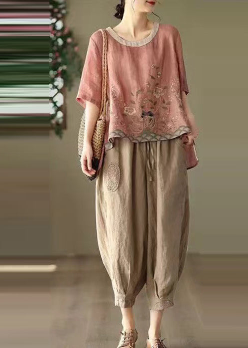 Summer Retro Linen Two Piece New Oversized Pink Set Print