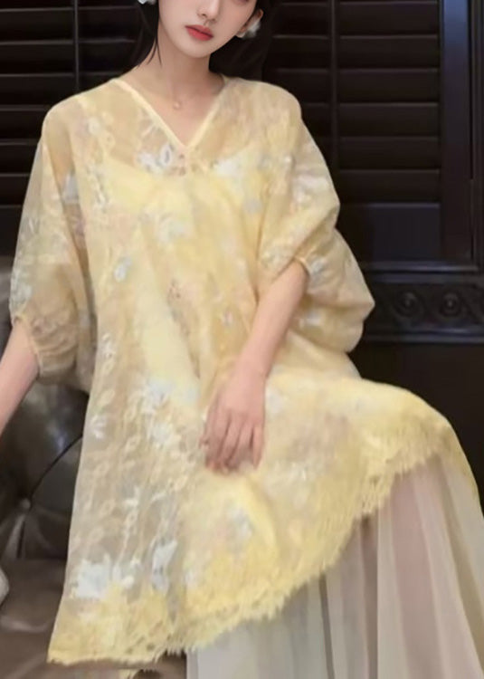 Retro New Dress Yellow Asymmetrical Tulle Oriental Embroidered