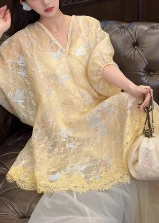 Retro New Dress Yellow Asymmetrical Tulle Oriental Embroidered