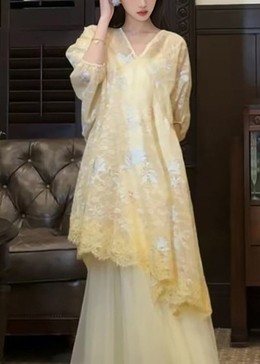 Retro New Dress Yellow Asymmetrical Tulle Oriental Embroidered