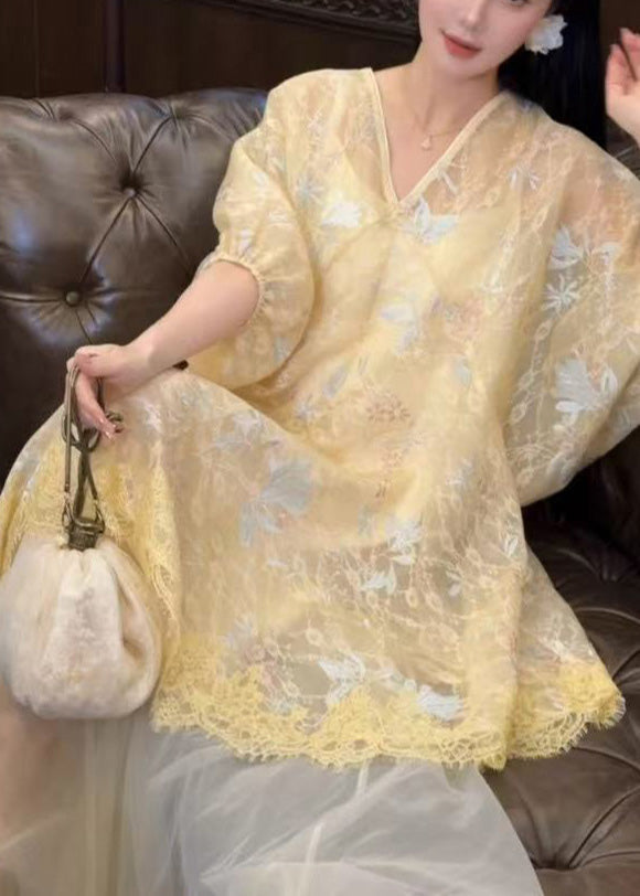 Retro New Dress Yellow Asymmetrical Tulle Oriental Embroidered