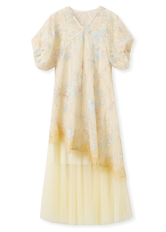 Retro New Dress Yellow Asymmetrical Tulle Oriental Embroidered