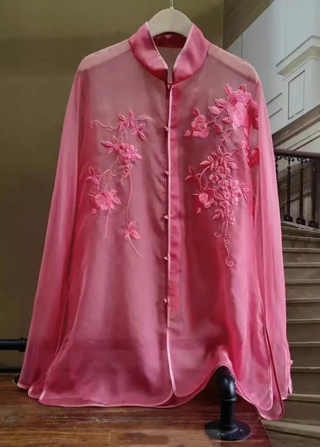 New Rose Embroidered Button Tulle Shirt Long Sleeve Ada Fashion