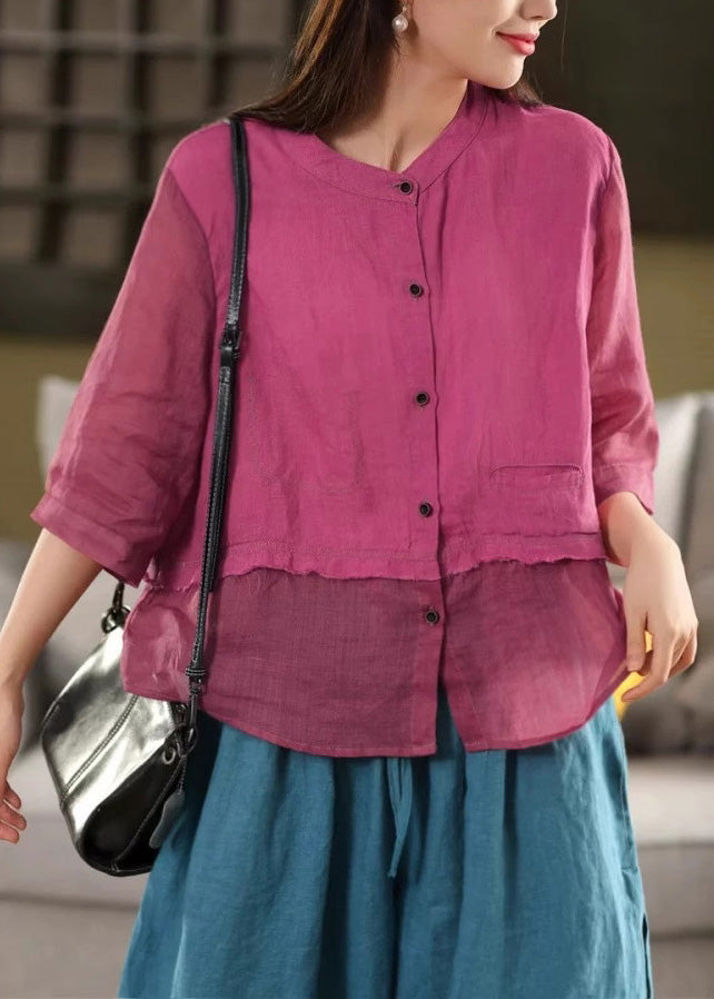 Neck Blouses Button Linen O New Rose Summer Patchwork