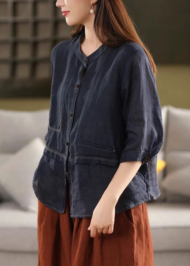 Neck Blouses Button Linen O New Rose Summer Patchwork