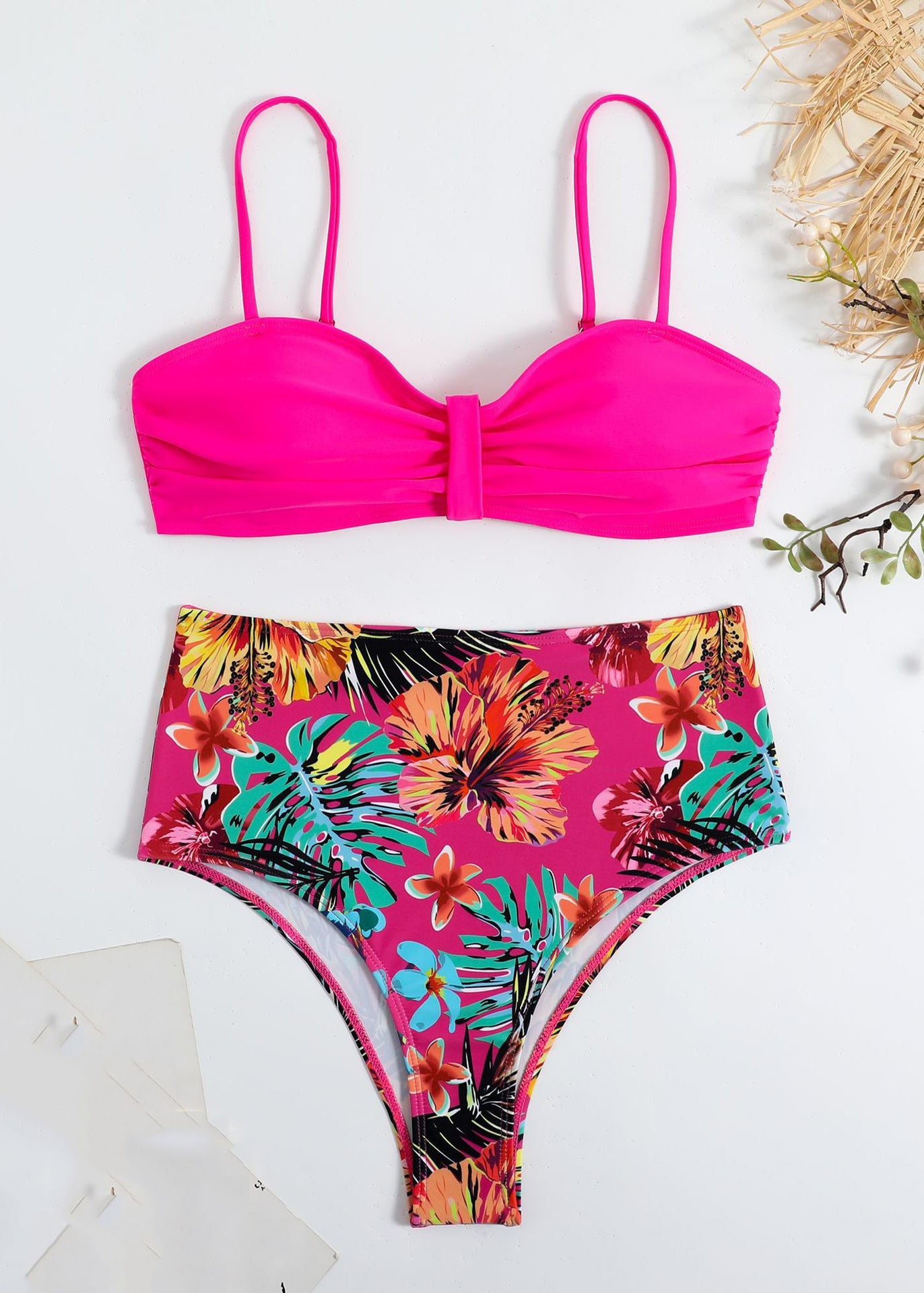 New Rose Print Backless Swimwear Two Pieces Set VC037