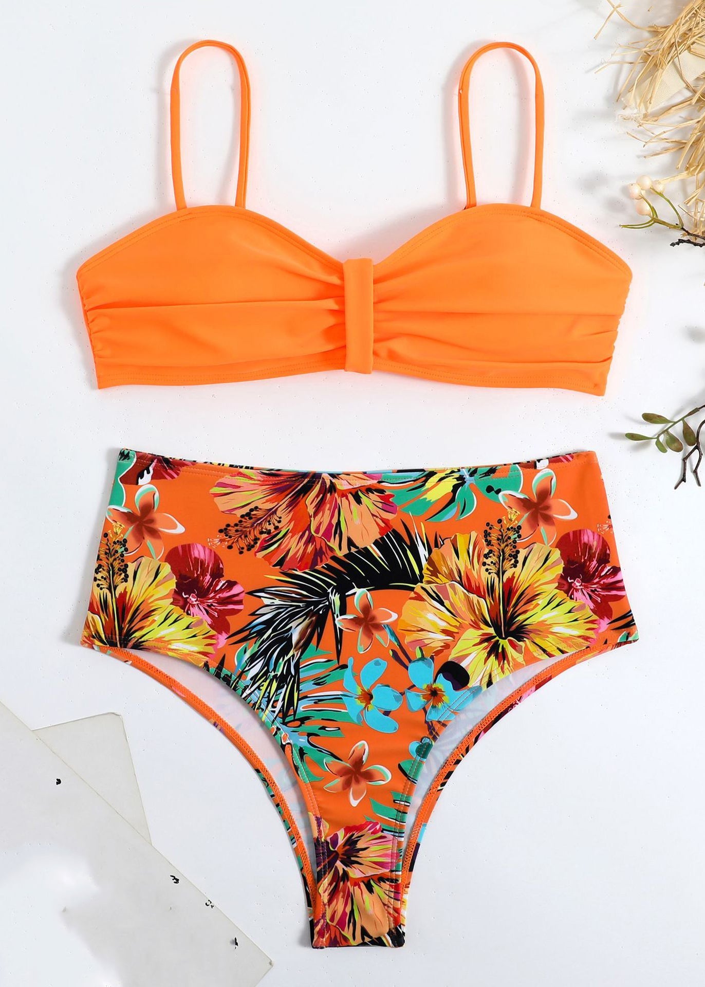 New Rose Print Backless Swimwear Two Pieces Set VC037