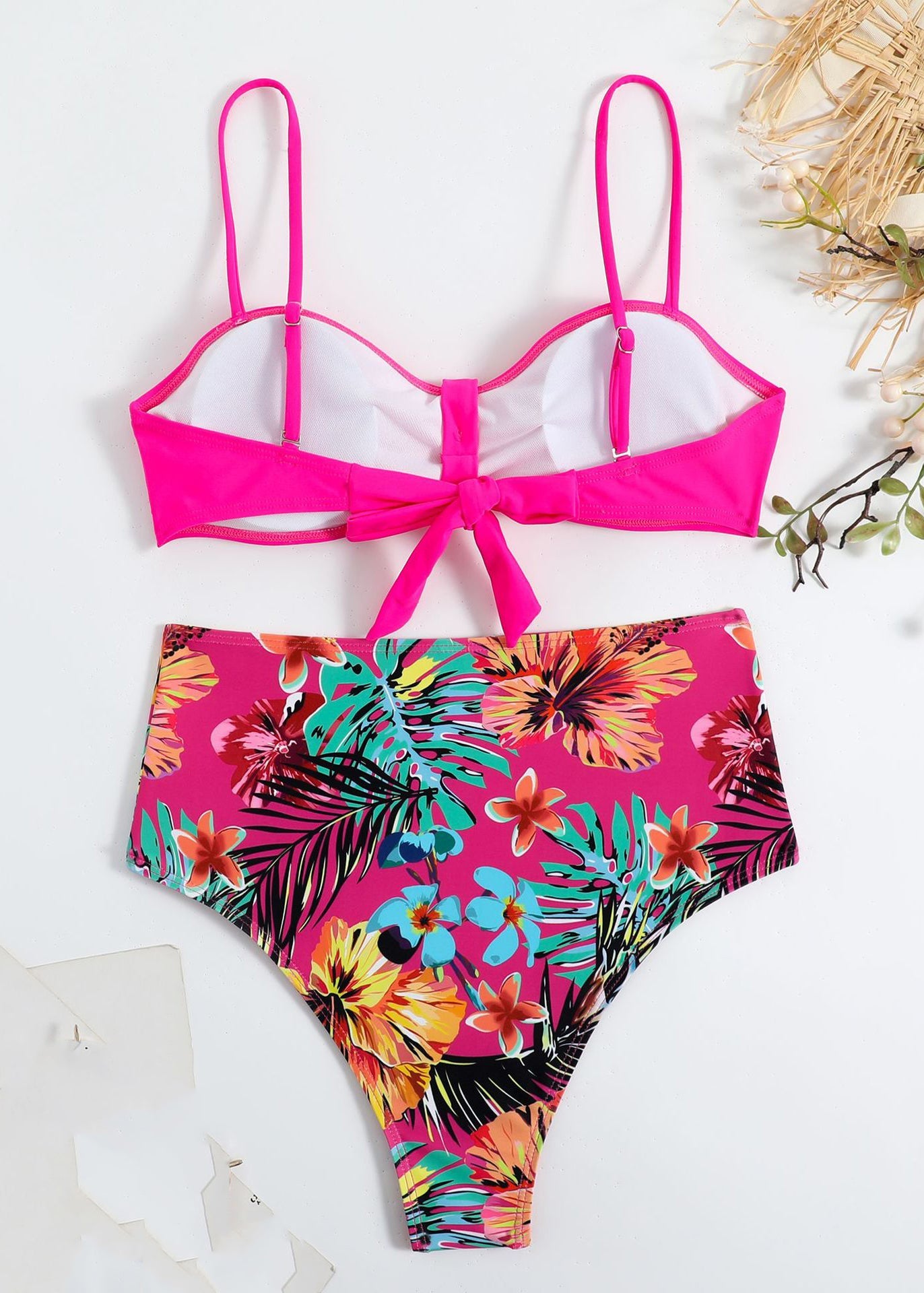 New Rose Print Backless Swimwear Two Pieces Set VC037