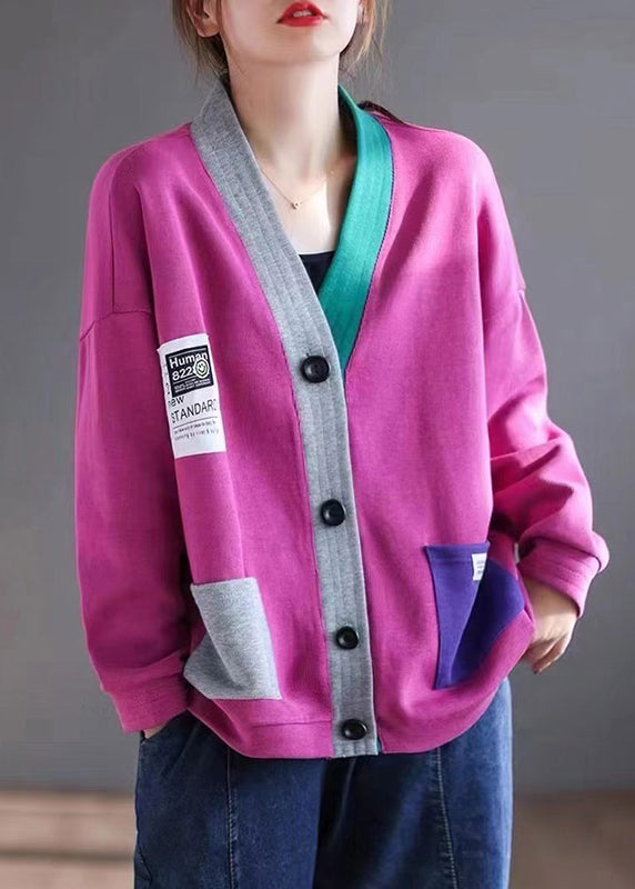 V Rose Neck Button New Spring Patchwork Cardigan Cotton