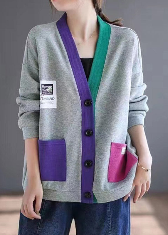 V Rose Neck Button New Spring Patchwork Cardigan Cotton