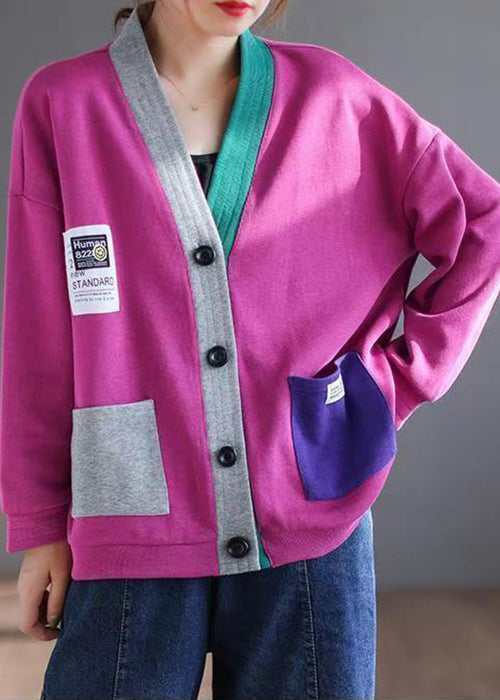 V Rose Neck Button New Spring Patchwork Cardigan Cotton
