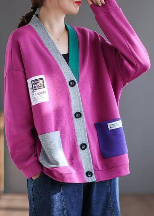 V Rose Neck Button New Spring Patchwork Cardigan Cotton