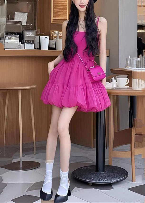 Rose Spaghetti New Dress Sleeveless Cotton Strap Solid Wrinkled