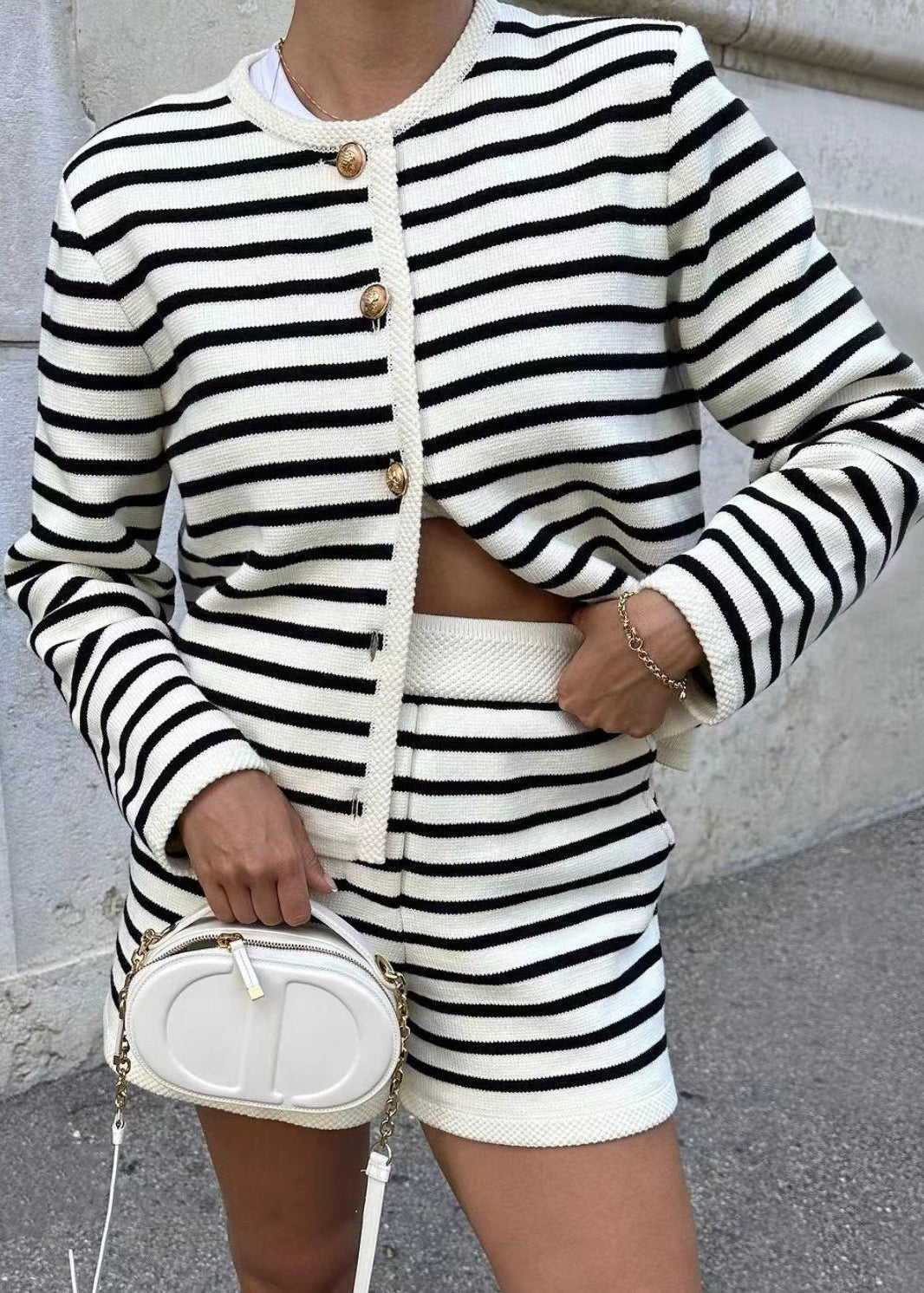 Coat Shorts Cotton Button Striped Set Piece New And Two Knitting