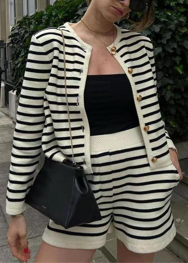 Coat Shorts Cotton Button Striped Set Piece New And Two Knitting
