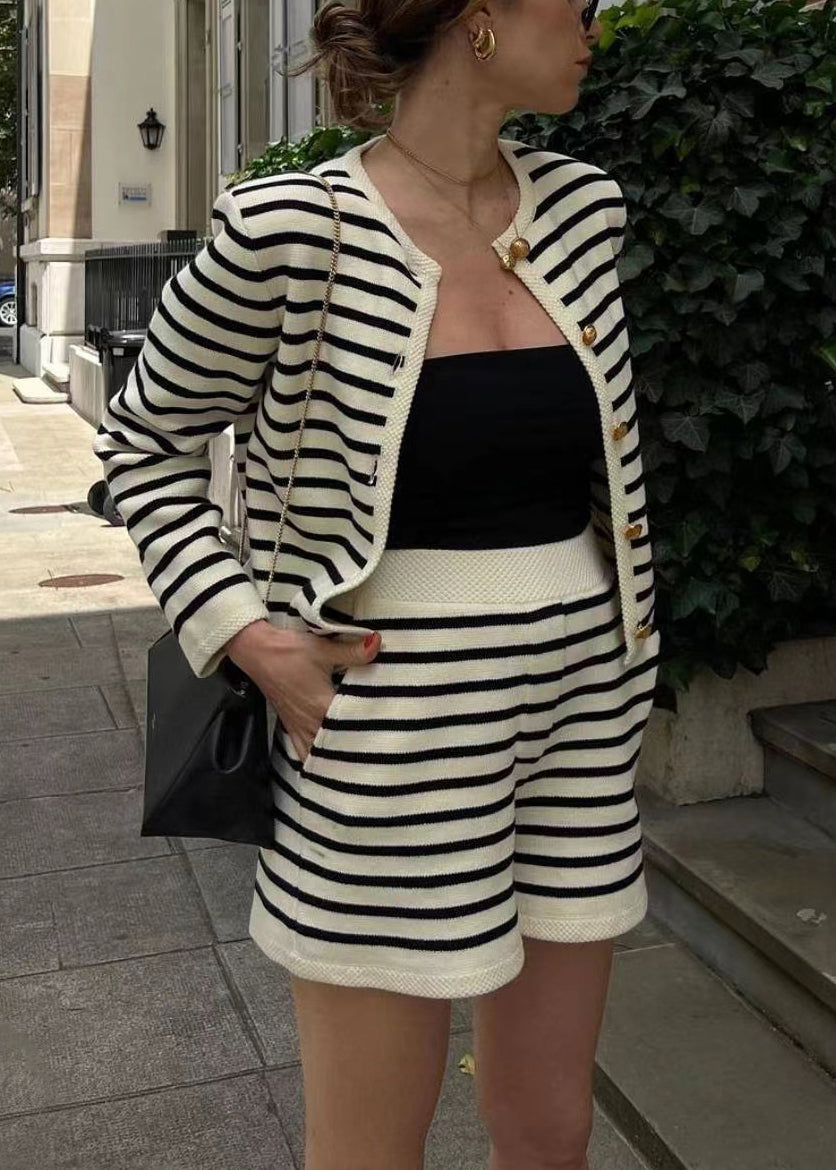 Coat Shorts Cotton Button Striped Set Piece New And Two Knitting