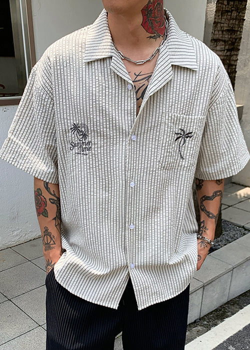 New Print Pockets Cotton Men Shirt Summer Striped