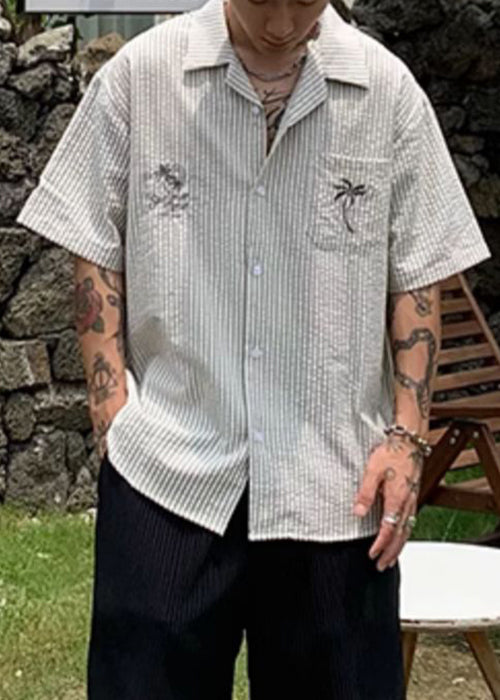 New Print Pockets Cotton Men Shirt Summer Striped