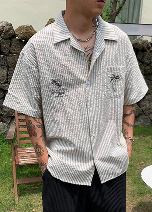 New Print Pockets Cotton Men Shirt Summer Striped