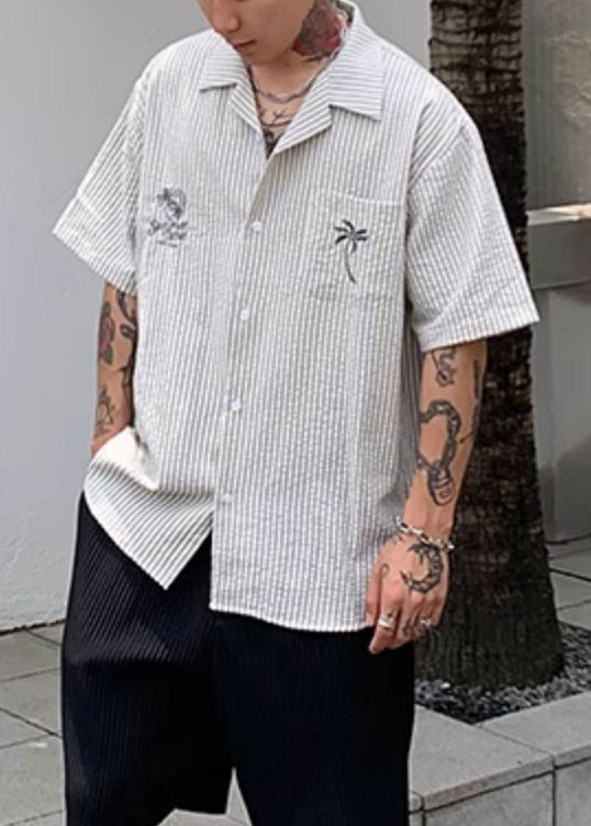 New Print Pockets Cotton Men Shirt Summer Striped