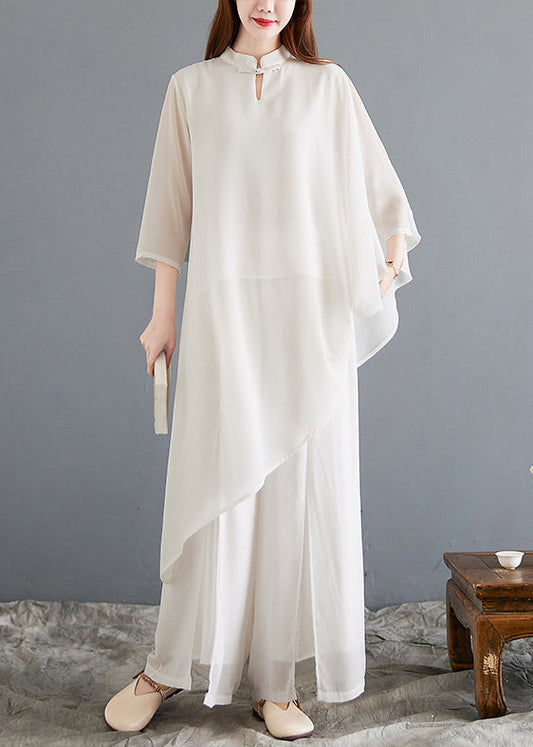 New White Asymmetrical Button Chiffon Sets 2 Pieces Half Sleeve OP1014